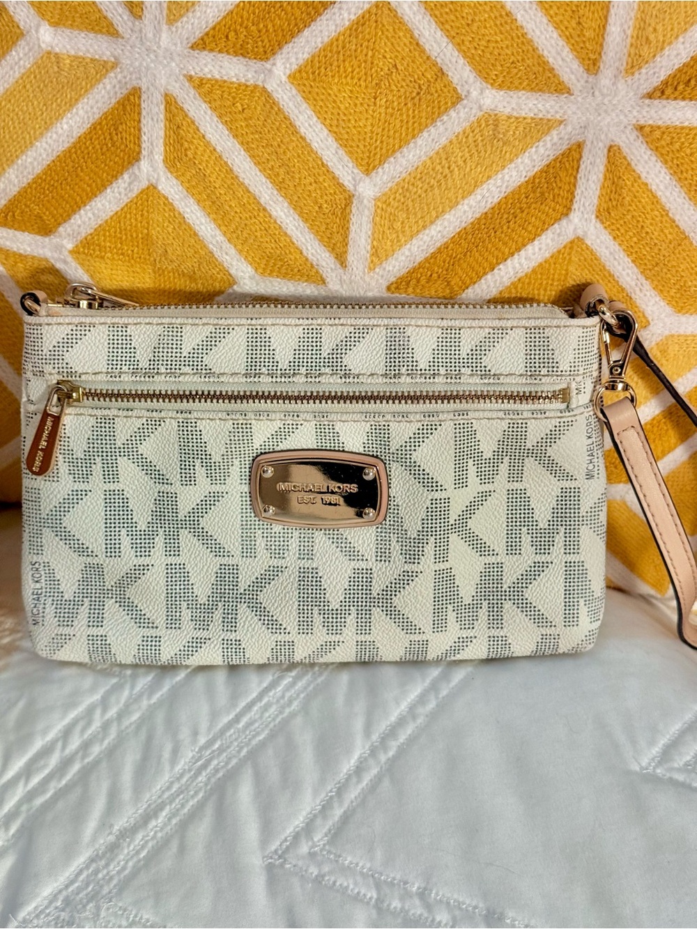 Michael Kors Cream Beige Signature MK Wristlet with Gold Plate